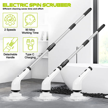 Electric Spin Scrubber, Cordless Cleaning Brush with 8 Replaceable Brush Heads Adjustable Extension Handle, Shower Scrubber for Bathroom Kitchen Floor Car