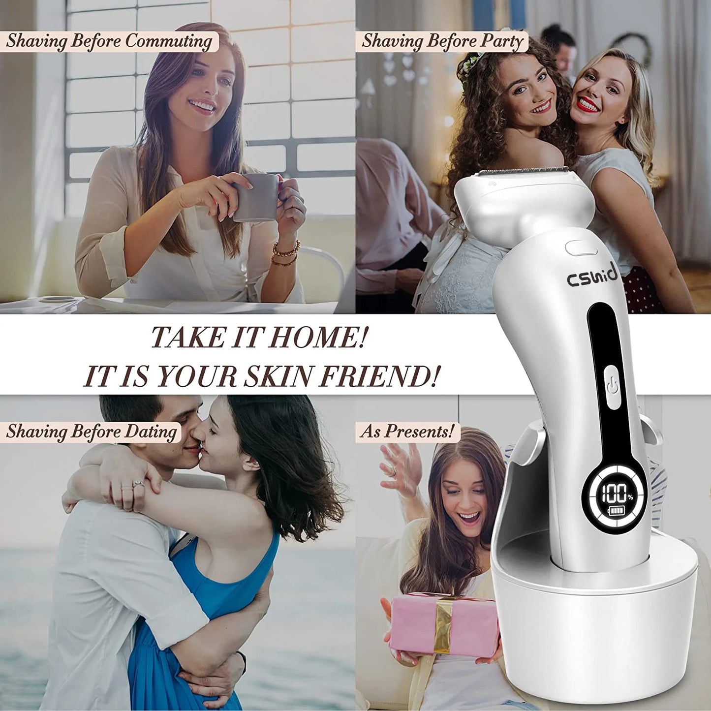 Electric Shaver for Women, Womens Electric Razor Lady IPX7 Waterproof Legs Arm Underarm Painless Epilator Body Hair Remover Rechargeable Wet Dry Use Bikini Trimmer W/ Charging Stand & LCD Display