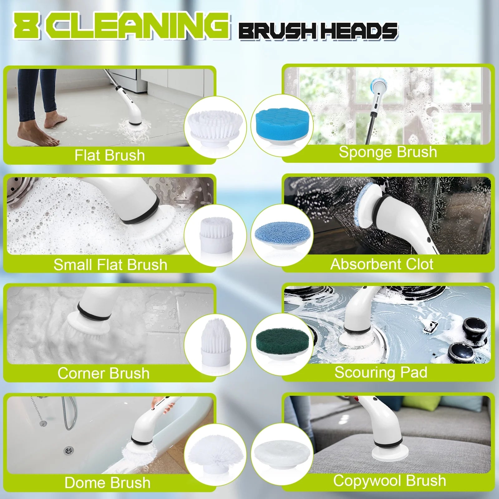 Electric Spin Scrubber, Cordless Cleaning Brush with 8 Replaceable Brush Heads Adjustable Extension Handle, Shower Scrubber for Bathroom Kitchen Floor Car