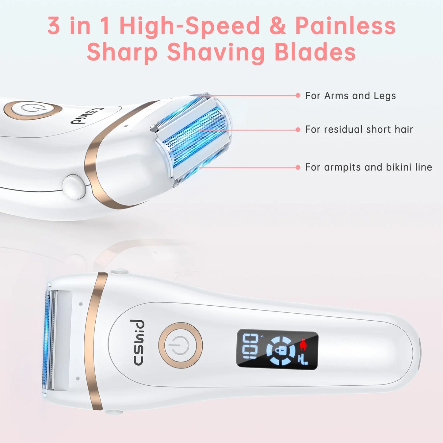 Women Electric Shaver, 3 in 1 Wet & Dry Painless Hair Removal IPX6 Waterproof Lady Electric Razor, Cordless Facial Body Epilator for Bikini Legs Arm Forearms Underarm W/ 2 Changeable Trimmer Heads