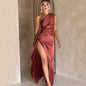 Sexy One-Shoulder Backless Slit Dress Summer Elegant Slim-Fit Solid Color Satin Dresses for Women